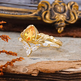 Nature-Inspired 3-Prong Oval-Cut Natural Citrine Engagement Ring Set With Vine Accents